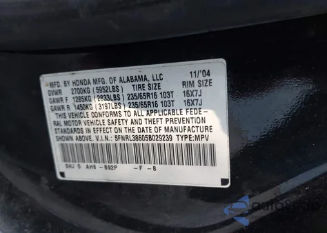 2005 Honda Odyssey Exl z USA, uszkodzony, nr VIN 5FNRL38605B029239